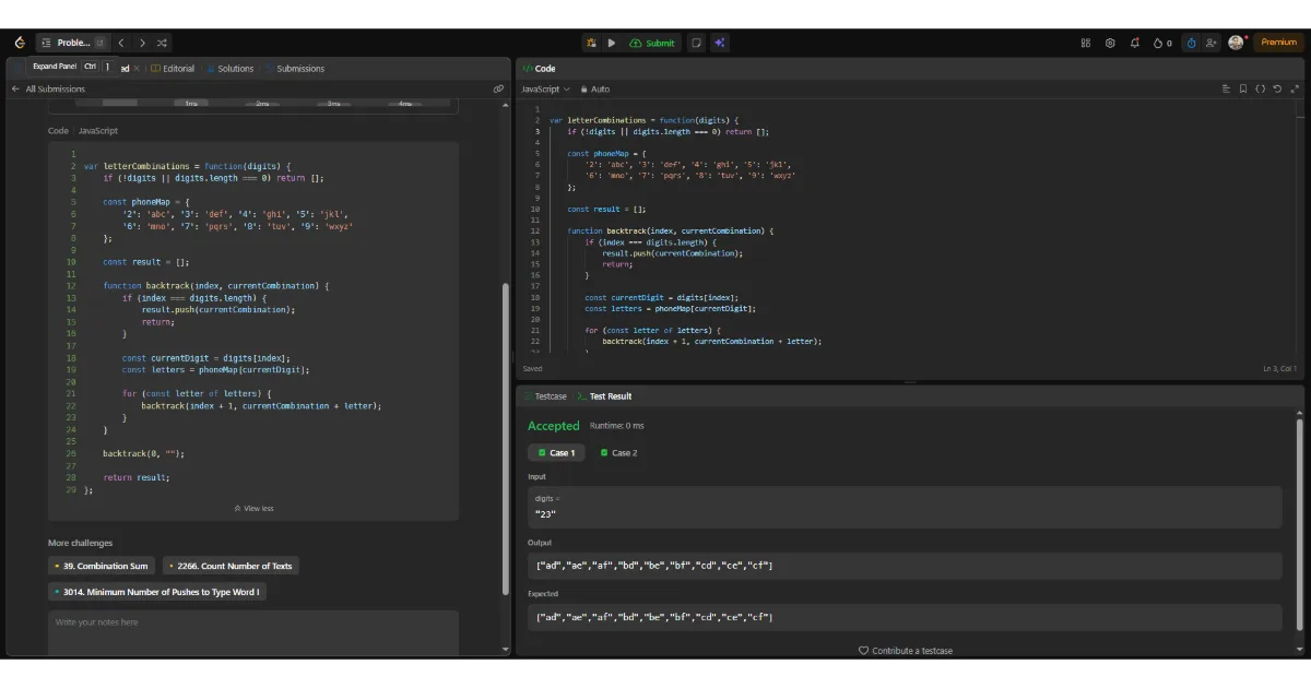 Today I solved Letter Combinations of a Phone Number using JavaScript and a classic Backtracking approach.
