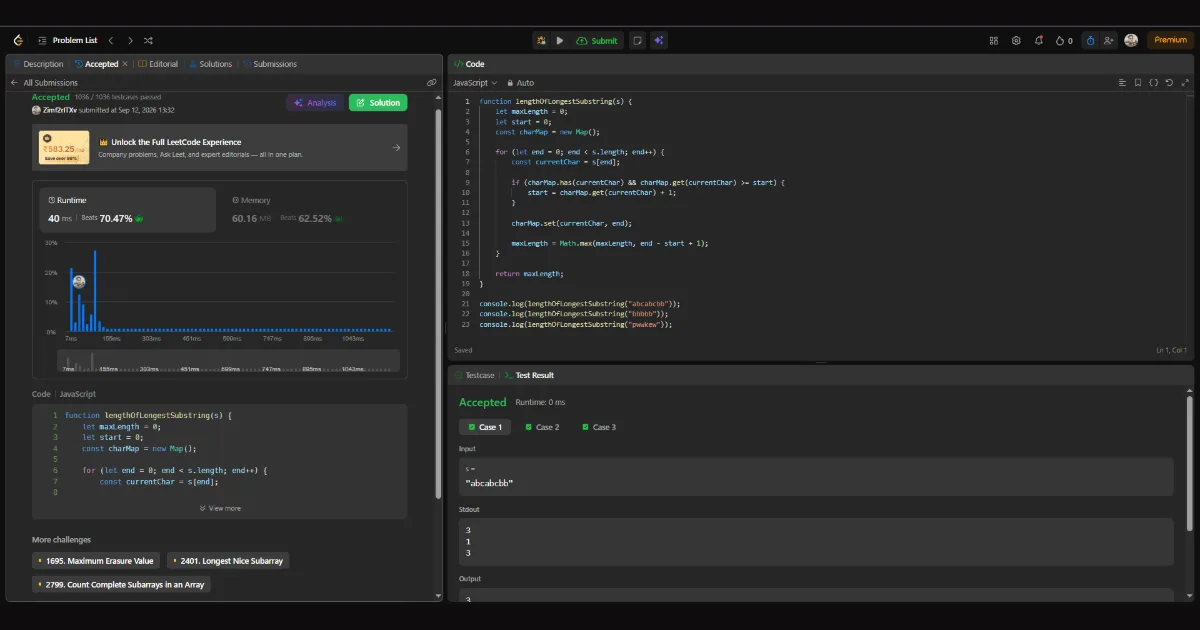 Today’s coding practice focused on a classic LeetCode problem: Longest Substring Without Repeating Characters.