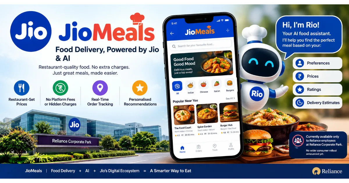 JioMeals: Reliance Jio Quietly Enters Food Delivery With AI, Zero Platform Fees and Restaurant-Rate Pricing 🍔📱